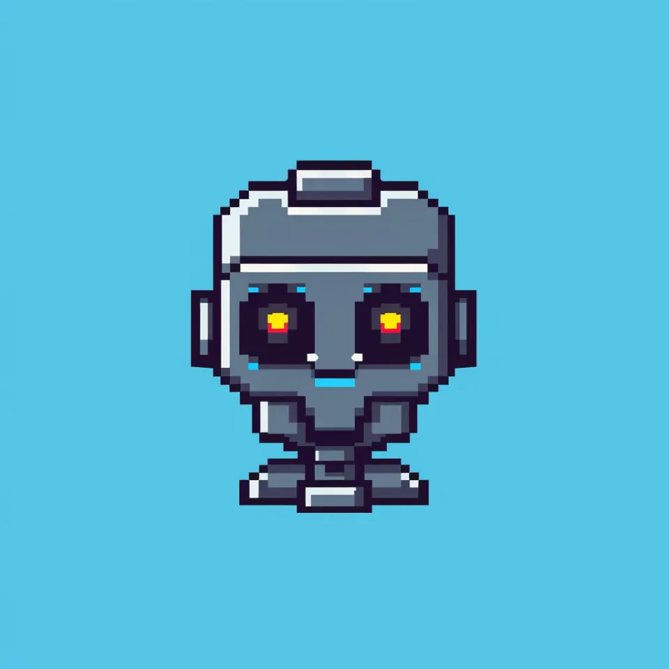 Image of a pixel robot with yellow eyes on a blue background