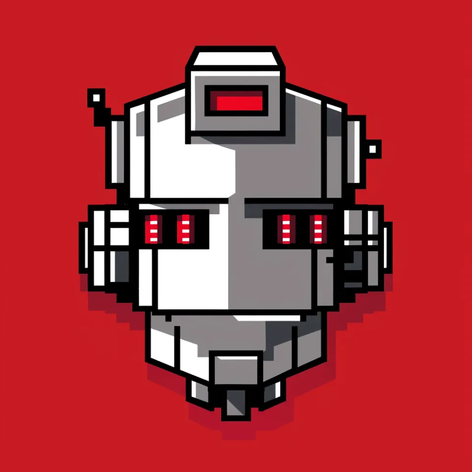 Face of a pixel robot on a bright red background