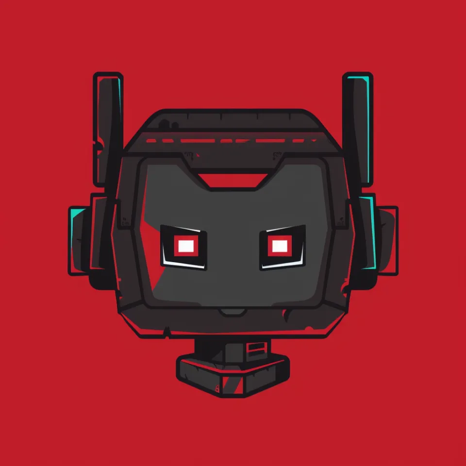 Robot with Expressive Eyes on a Bright Red Background