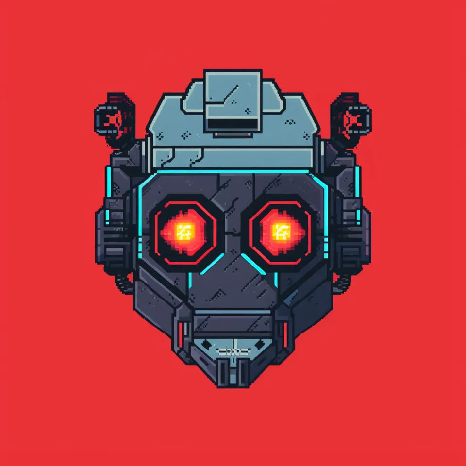 Image of a stylized cybernetic mask with glowing red eyes on a red background
