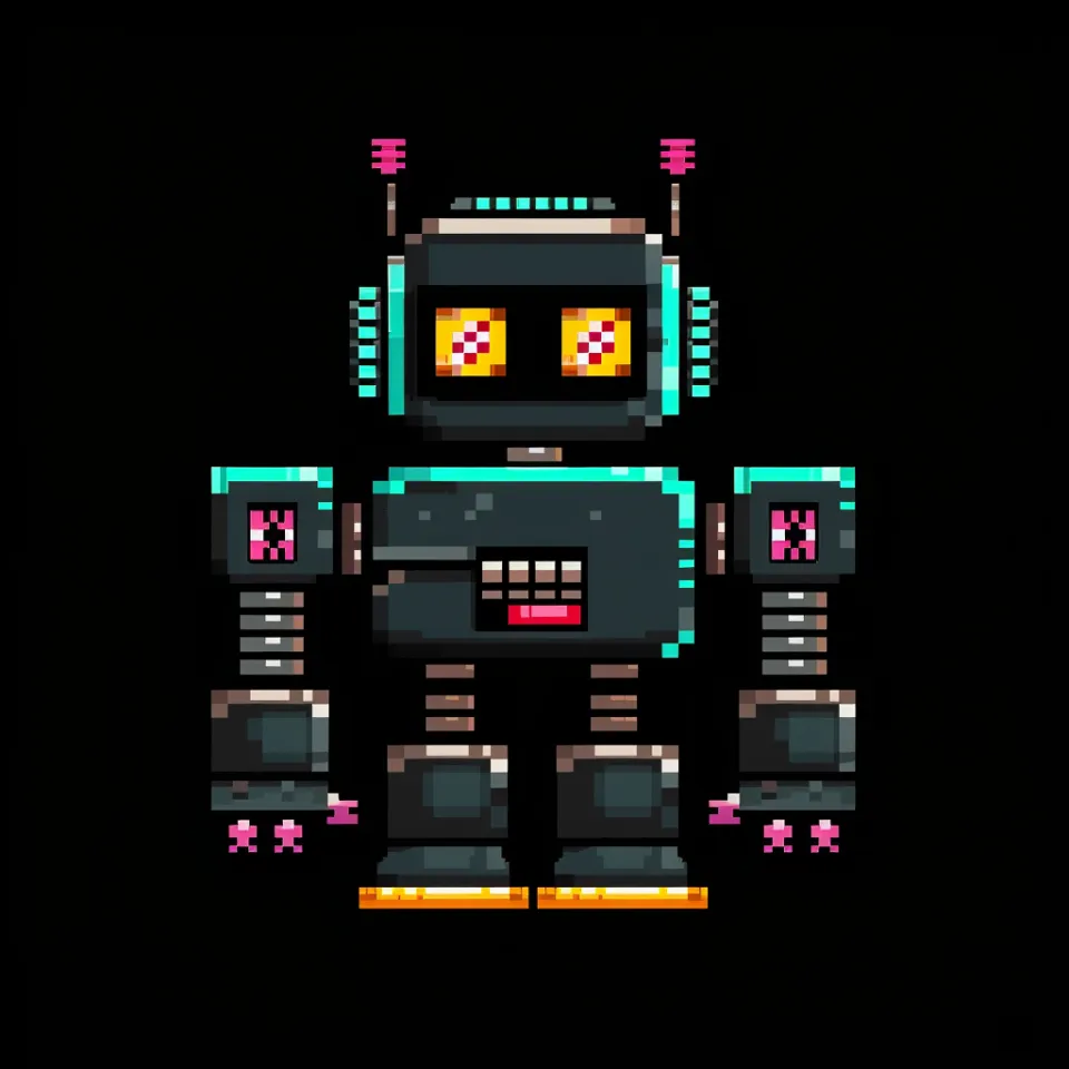 Robot with big eyes and bright colors on a black background