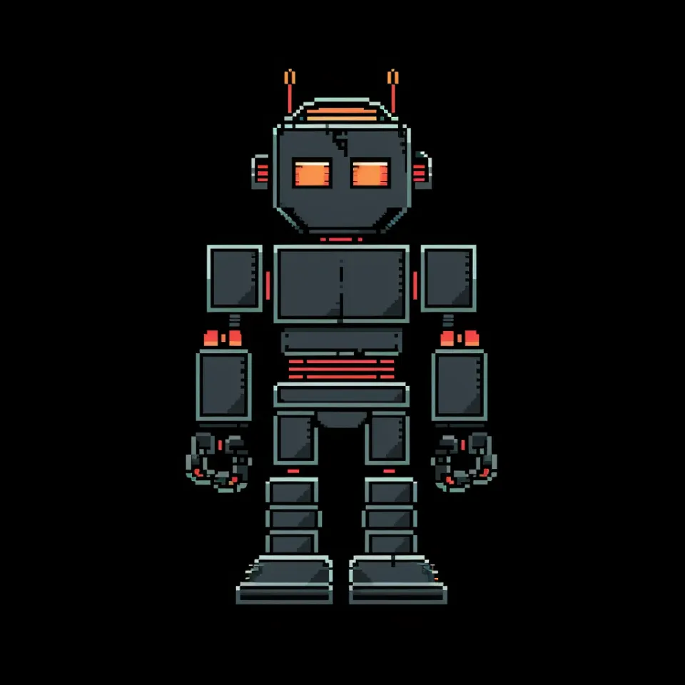 Illustration of a pixel robot with bright elements in 8-bit style