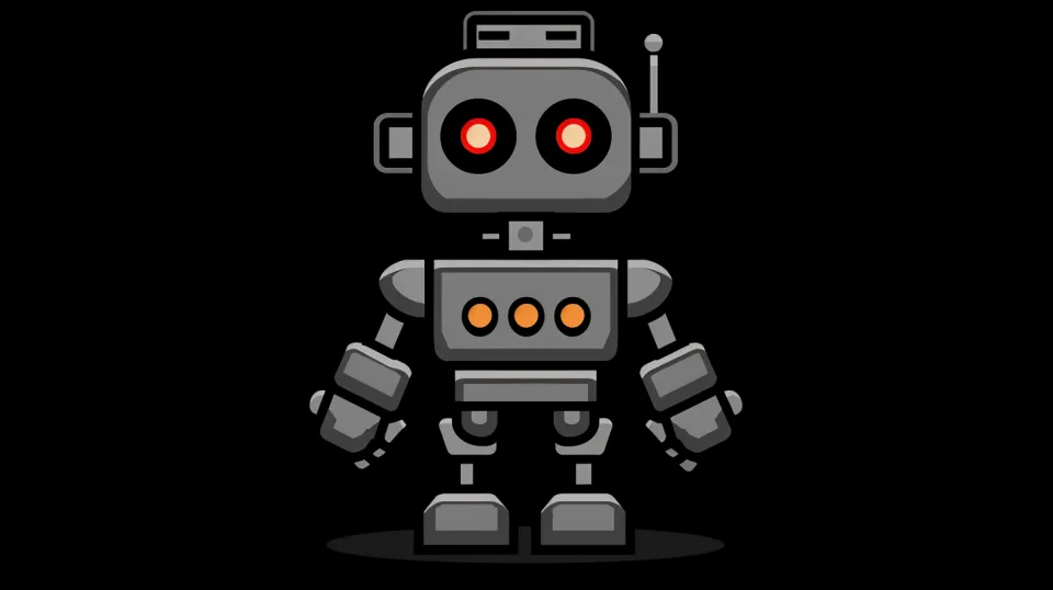 Illustration of a funny robot with glowing eyes on a black background