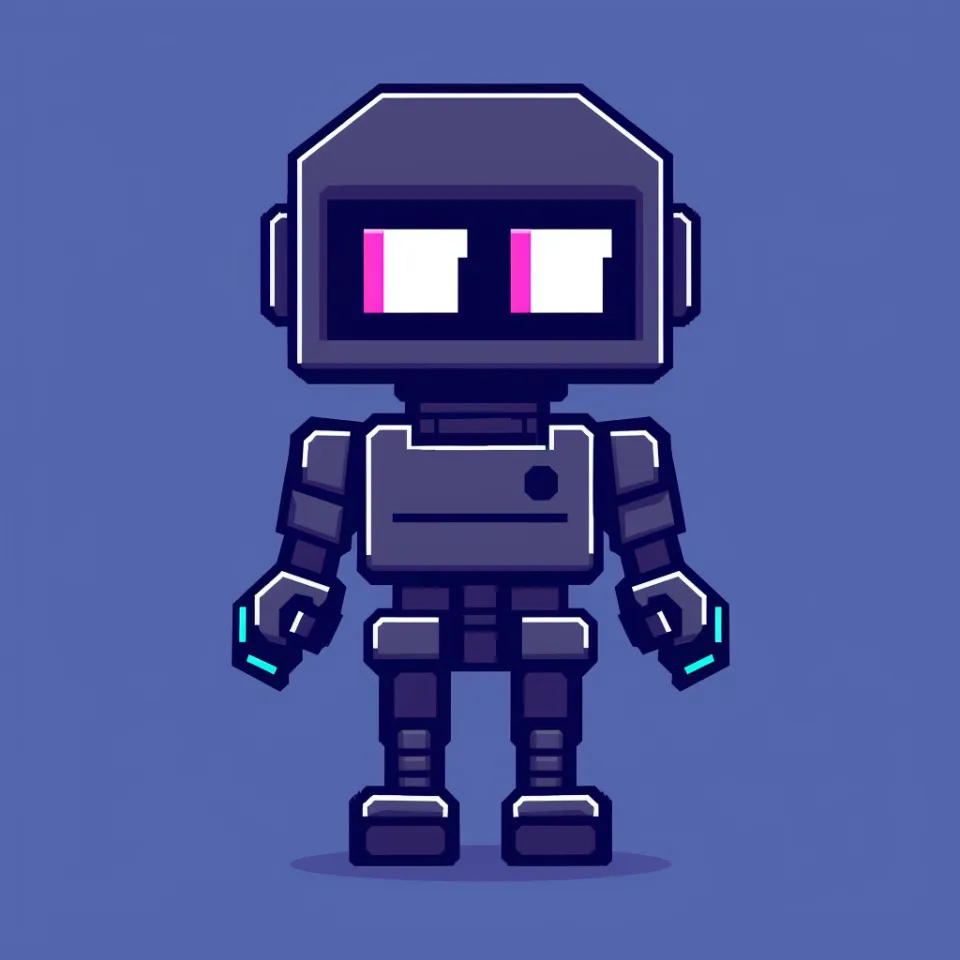 Pixel character robot with expressive eyes and colorful accessories