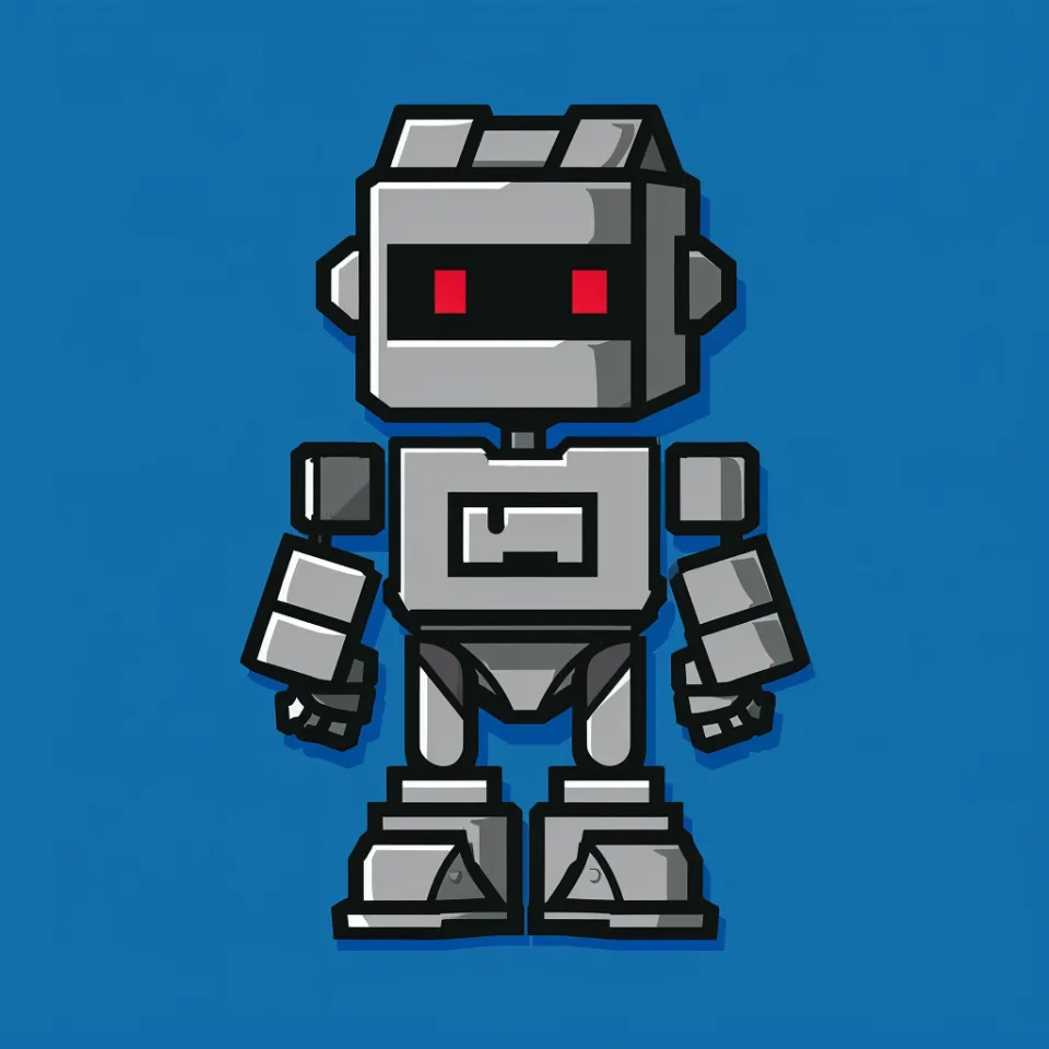 Schematic image of a robot with red eyes on a light blue background