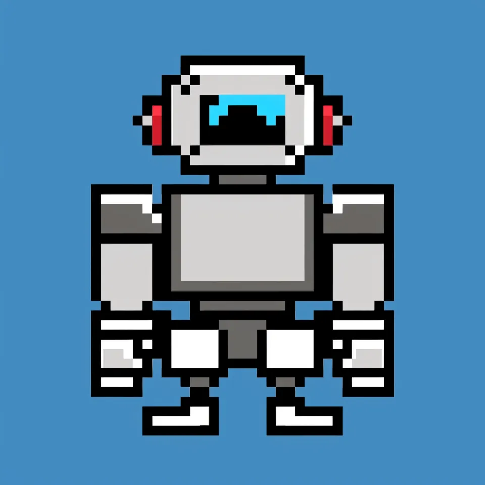 Gaming pixel robot with a screened head and colorful details