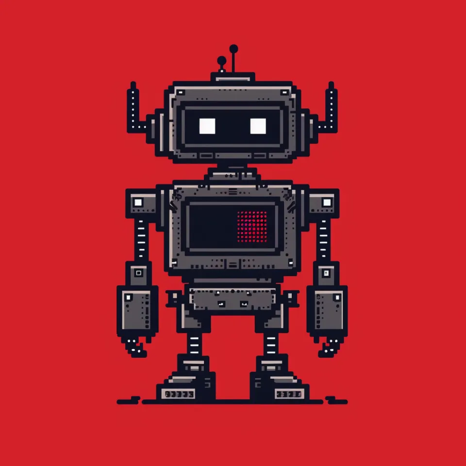 Stylized pixel robot with black details on a red background