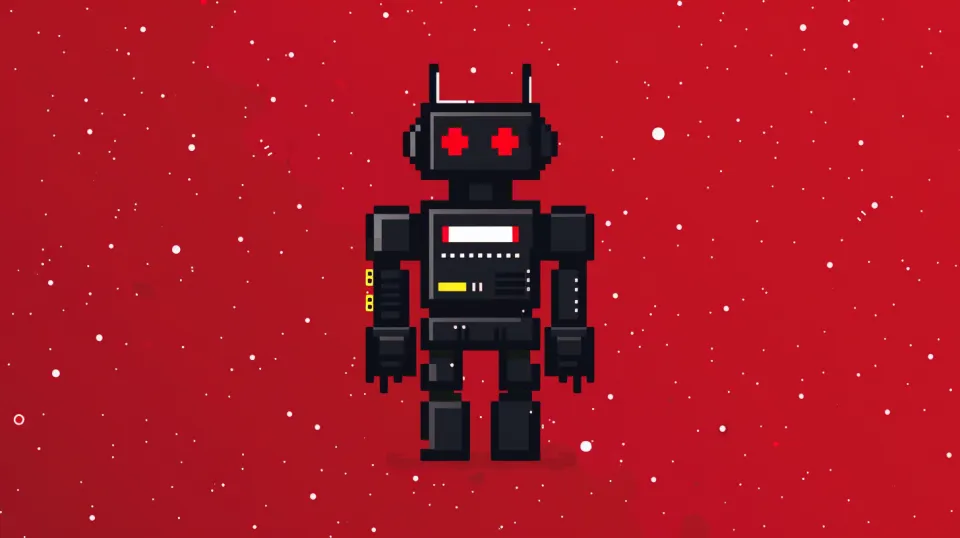 Image of a pixel robot with black detailing on a bright red background