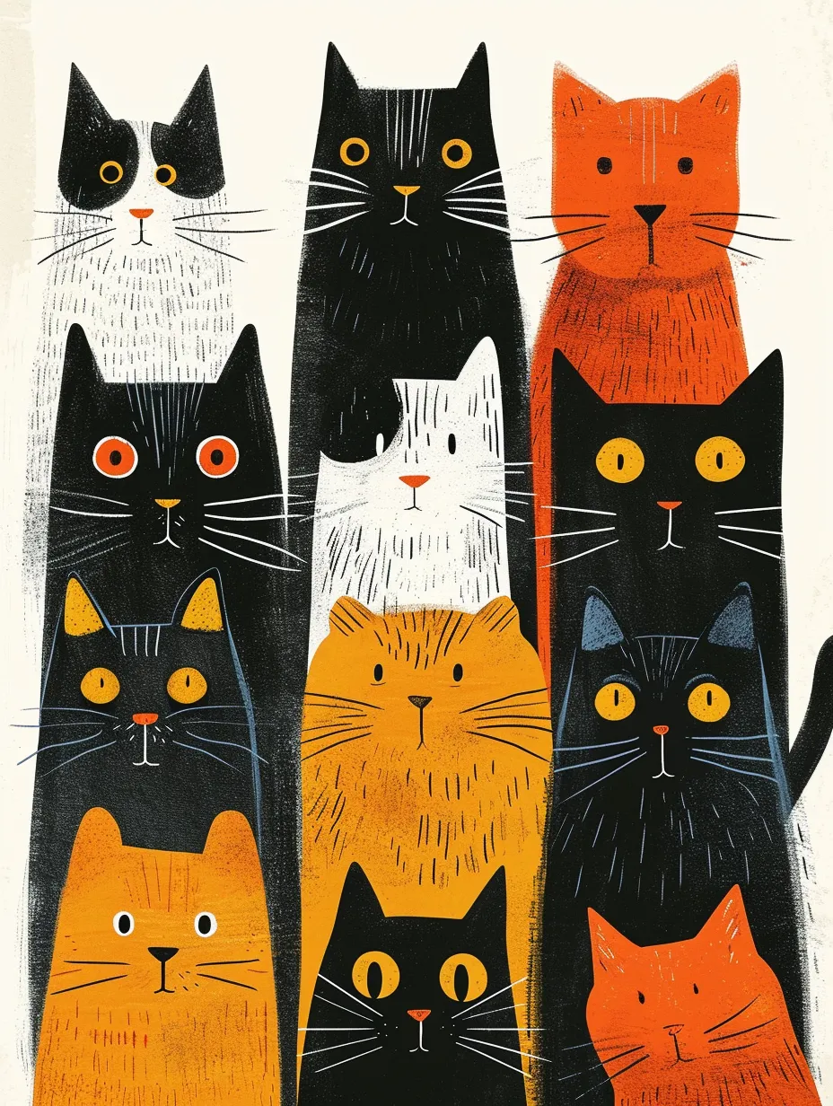 Ilustración que muestra diez gatos de diferentes colores y razas