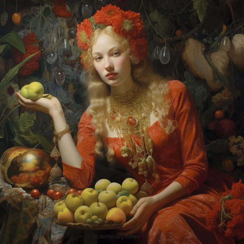 Portrait of a girl with golden jewelry and fruits
