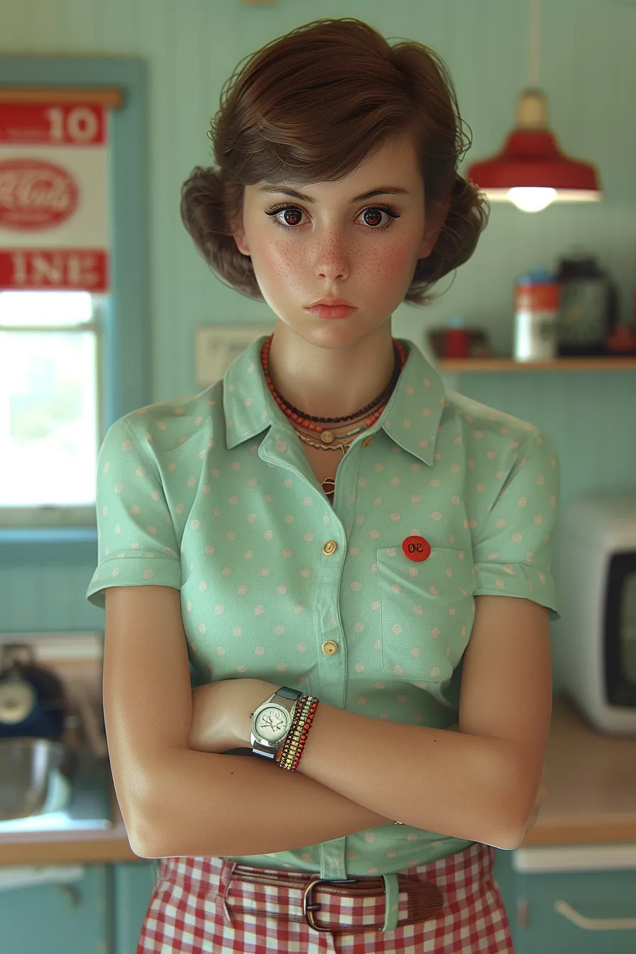Young girl in a turquoise polka dot shirt against a kitchen background