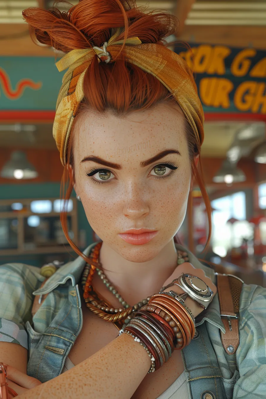 Portrait of a young woman with red hair and multicolored bracelets