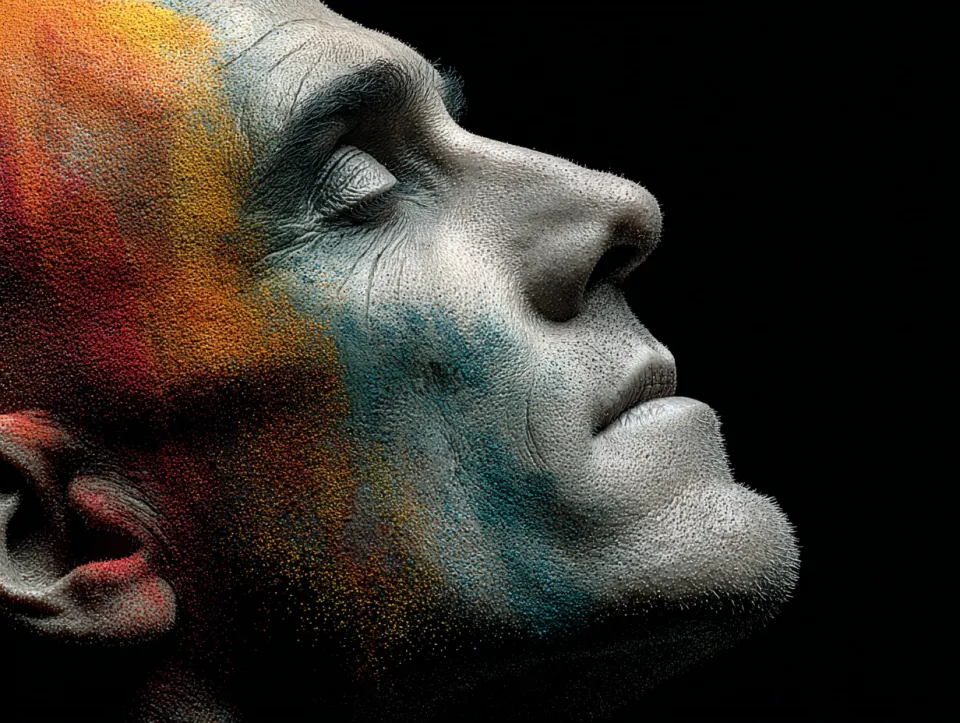 Rostro humano con efecto de abstracciones coloridas sobre fondo negro