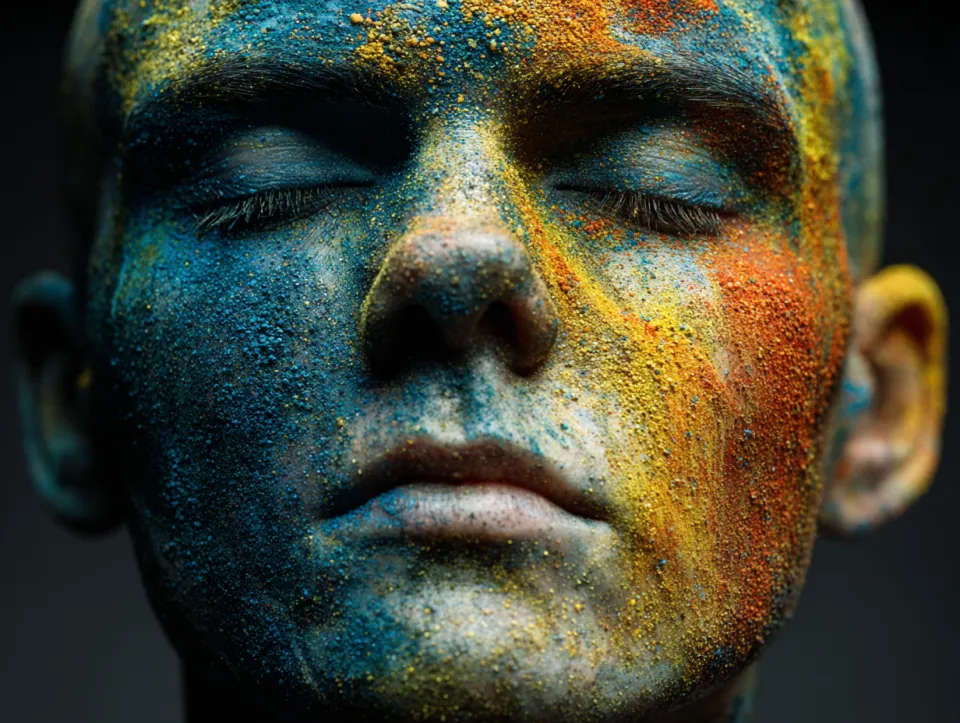 Fotografía de una persona con polvo de colores en la cara en tonos brillantes