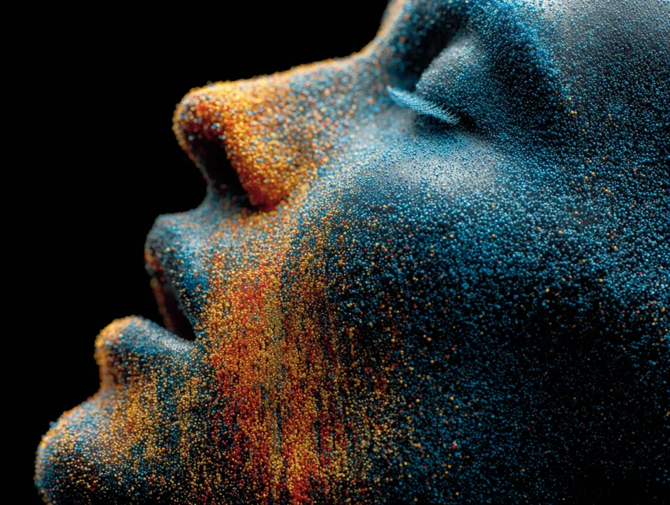 Close-up of an abstract face with a texture of bright particles