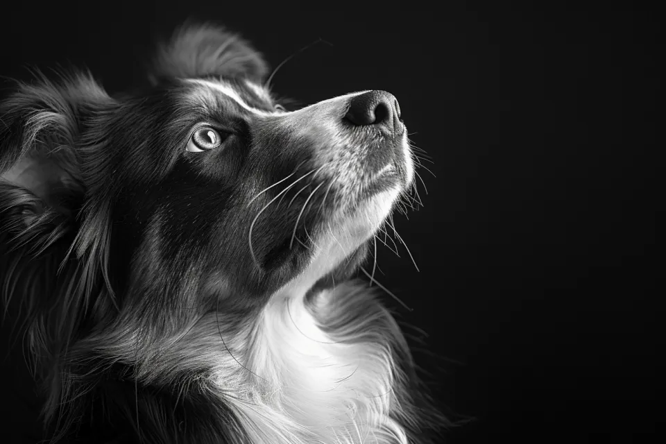 Black and white portrait of a beautiful dog looking up