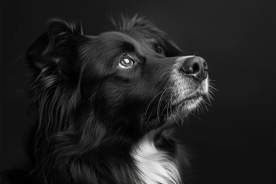 Dog with black fur on a dark background in profile