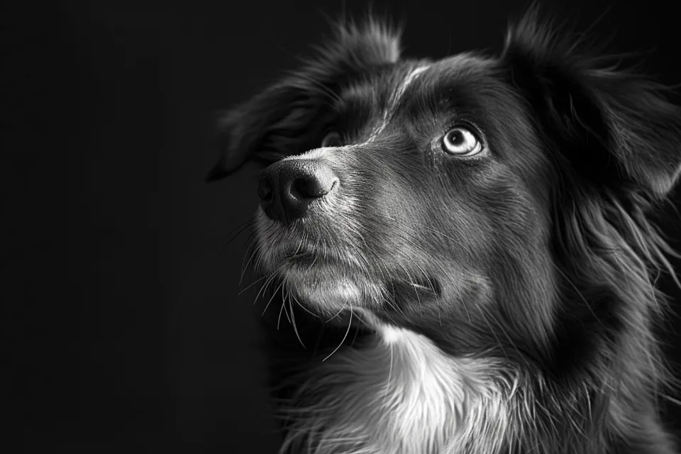 Perro con ojos expresivos en formato blanco y negro