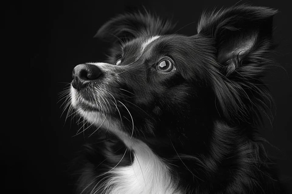 Portrait of a scruffy black dog with white markings on its chest
