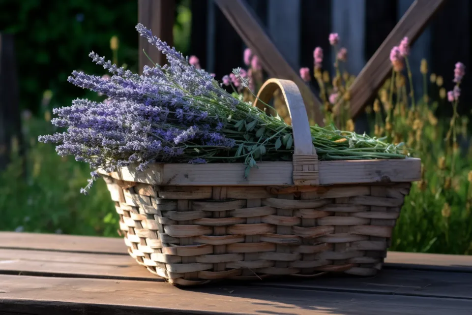 Beautiful basket of lavender flowers against a natural backdrop
