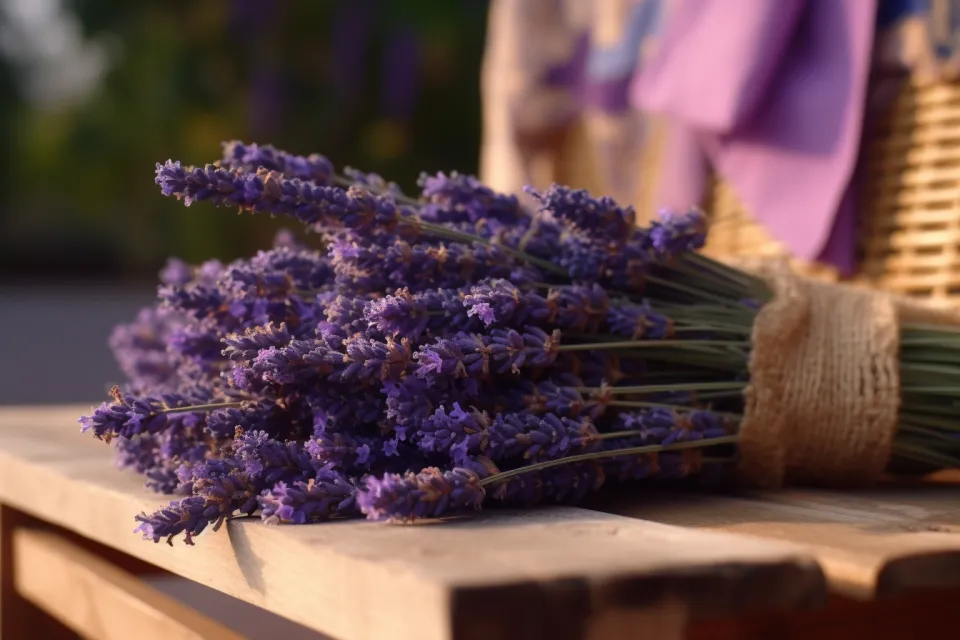Gathered lavender bouquet against a brown table and a wicker basket