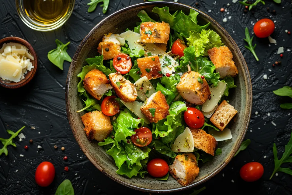 Beautiful presentation of chicken salad with tomatoes and cheese on the table
