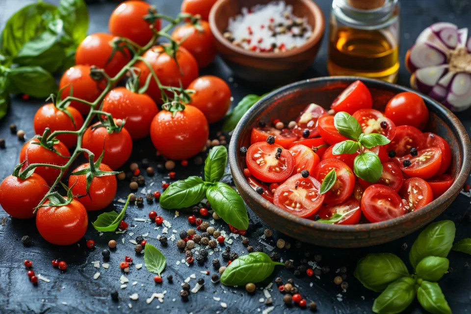Real red tomatoes and basil leaves on a dark background