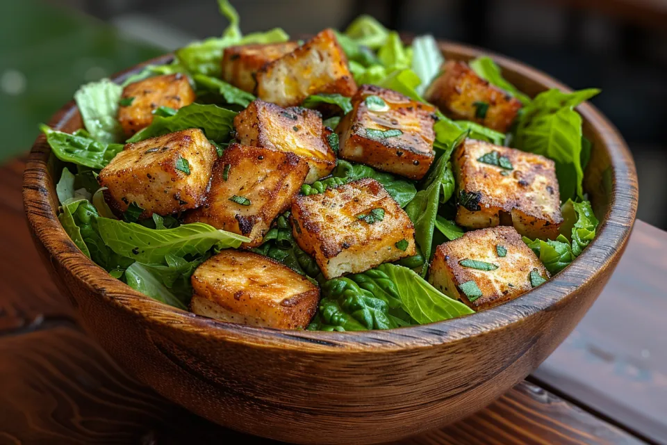 Plato con cubos de tofu frito sobre ensalada verde en un tazón de madera