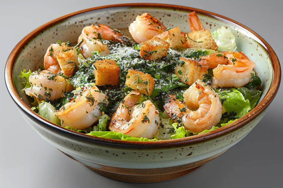 Beautiful serving of salad with shrimp and green vegetables