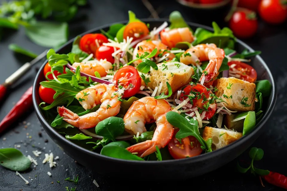 Deliciosa ensalada con grandes camarones y vegetales frescos