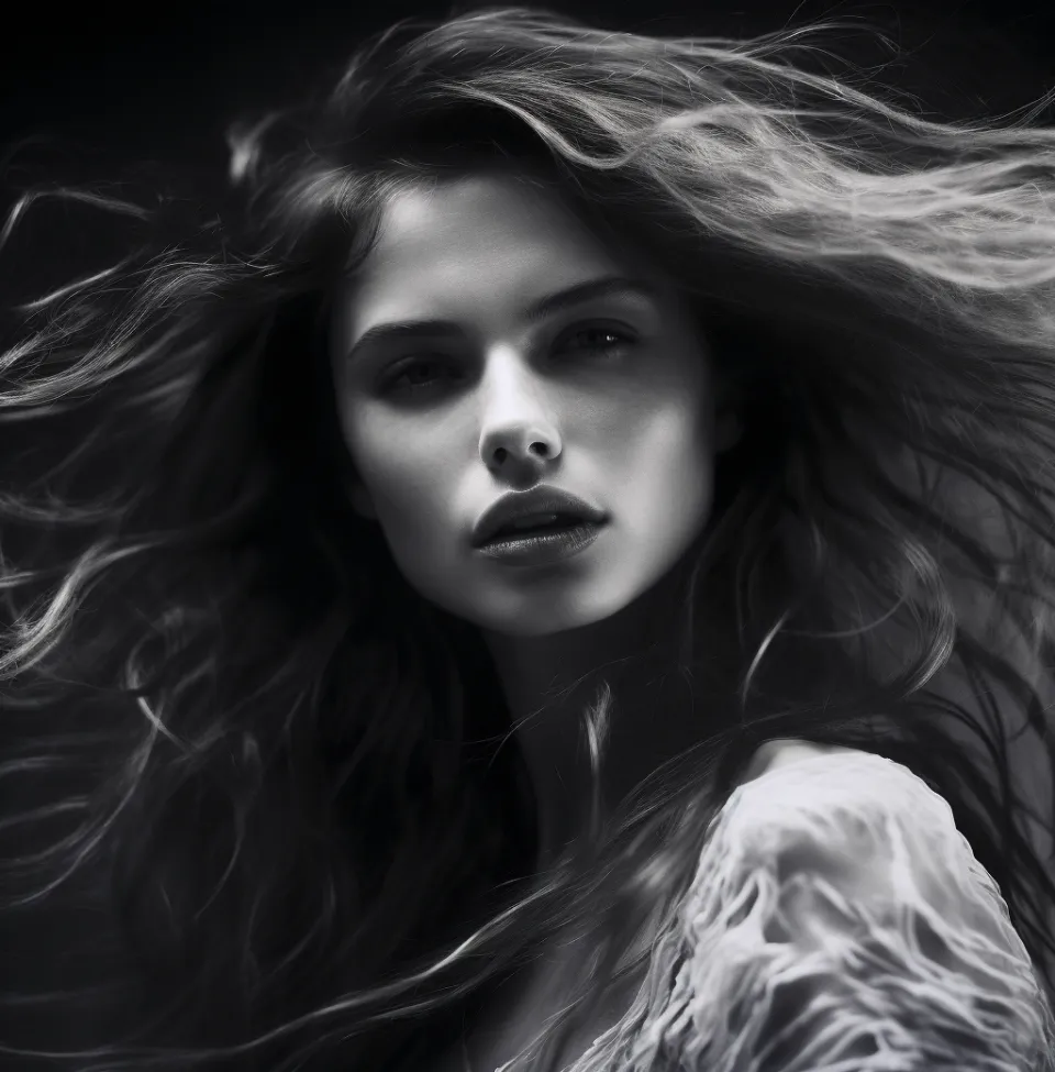 Portrait of a Woman with Long Hair and Motion Effect on a Dark Background