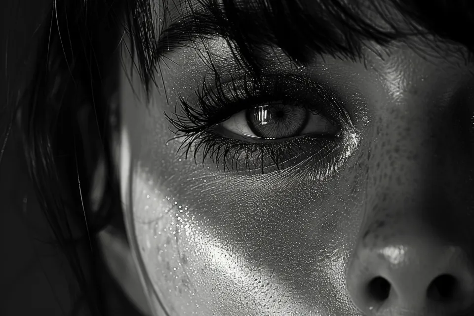 Close-up of a girl's eye with irregular skin texture and makeup