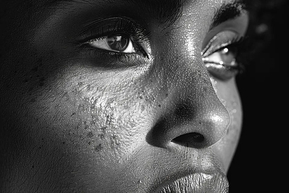 Macro photography of a face with an emphasis on the eyes and skin texture