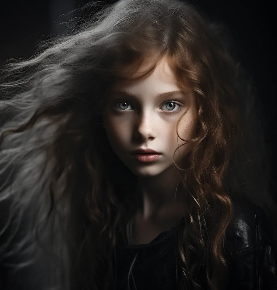 Retrato de una chica con cabello largo y rizado y ojos expresivos en un fondo oscuro