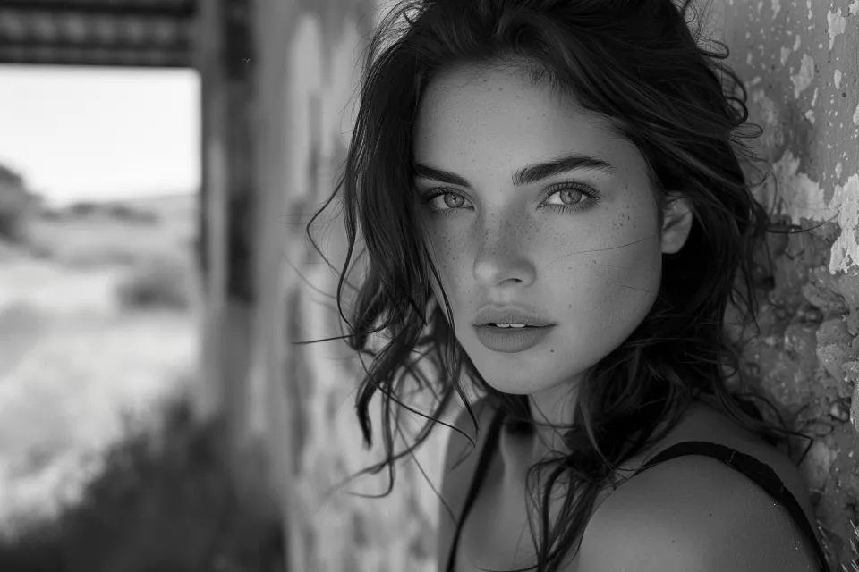 Paseo de una chica con cabello largo frente a un edificio abandonado