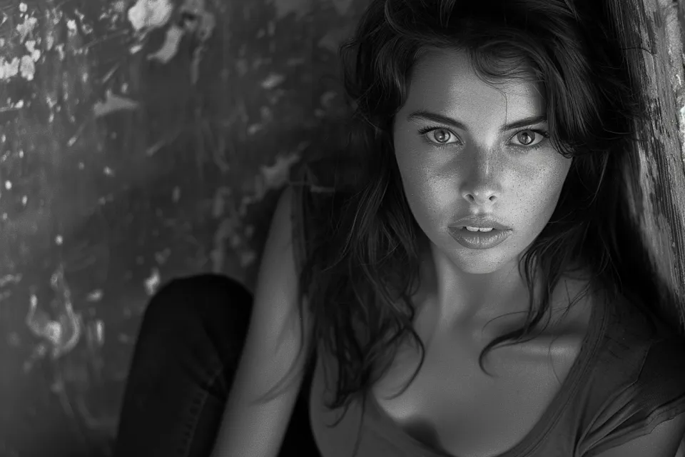 Black and white portrait of a young woman with expressive eyes and skin texture