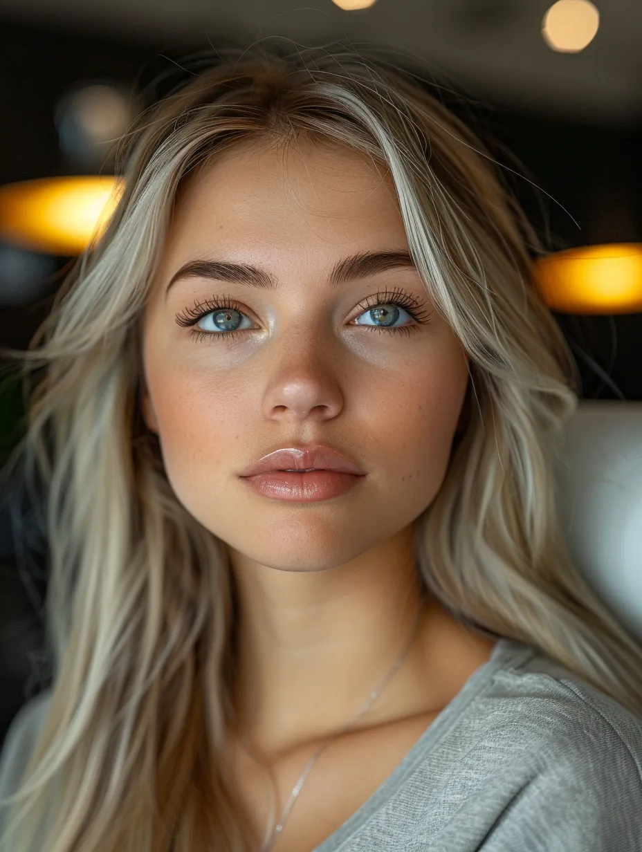 Primer plano de la belleza de una joven con ojos claros y cabello rubio