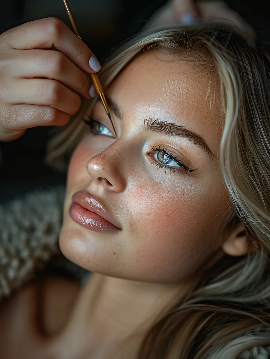 Una chica con largo cabello rubio recibe un maquillaje de cejas.