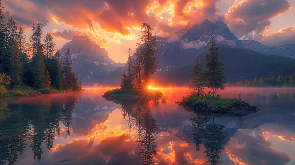 Mágico atardecer con nubes brillantes y reflejo en el agua