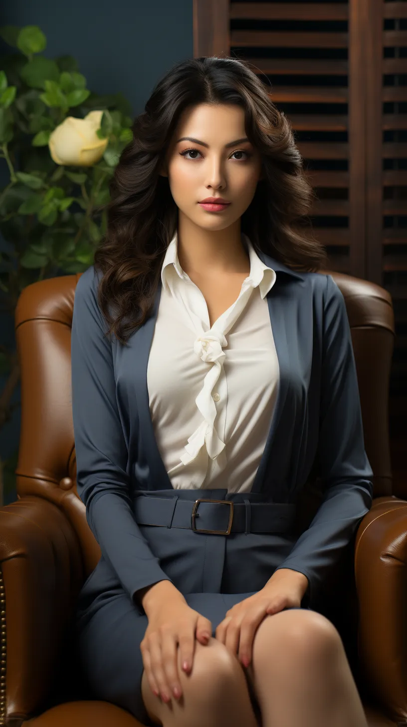 A woman with long hair in a blue business suit sitting in an armchair