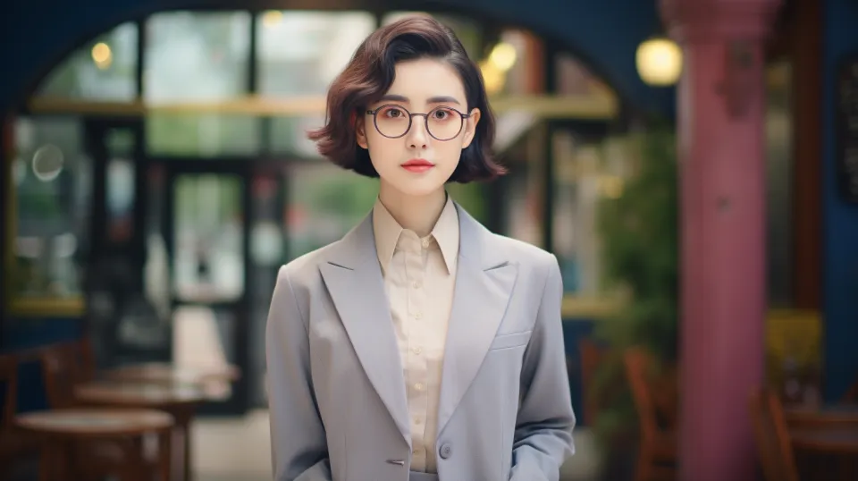 Retrato de mujer en un elegante traje de oficina frente a un café