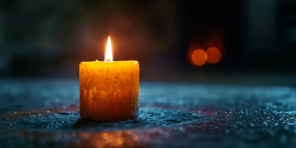 Vela con una mecha encendida sobre un fondo oscuro, creando una luz acogedora
