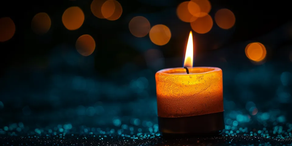 Una vela ardiendo en un fondo oscuro con luces desenfocadas