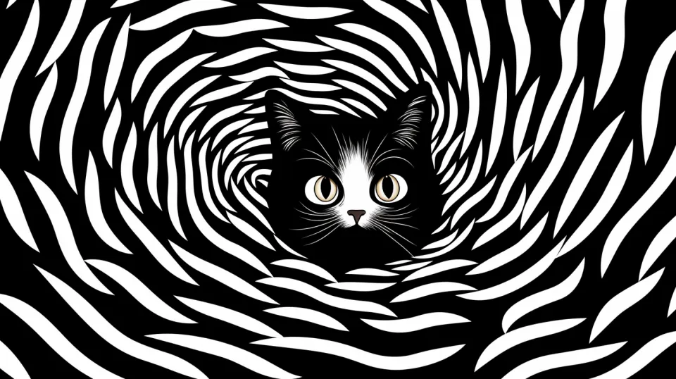 Illustration of a black and white cat against a background of swirling stripes