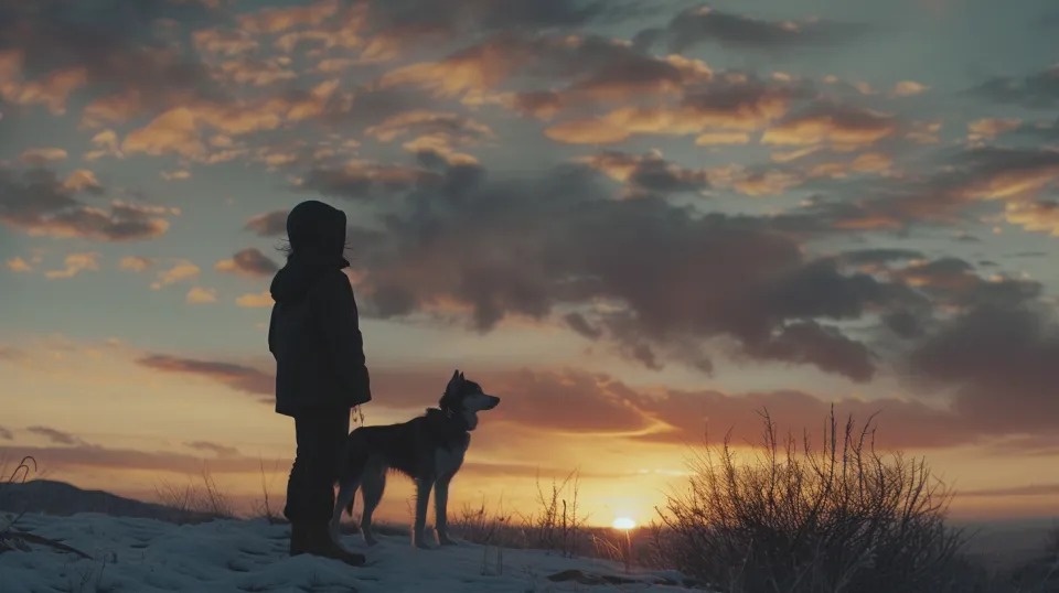 Silhouette of a man and dog in a snowy landscape during sunset