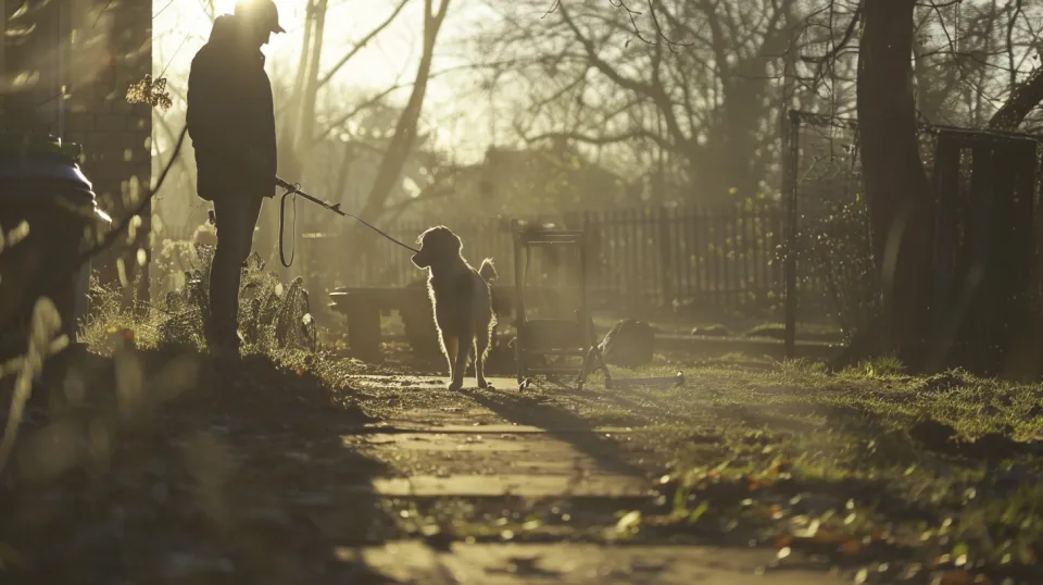 A person walking a dog on a leash in the warm light of sunset