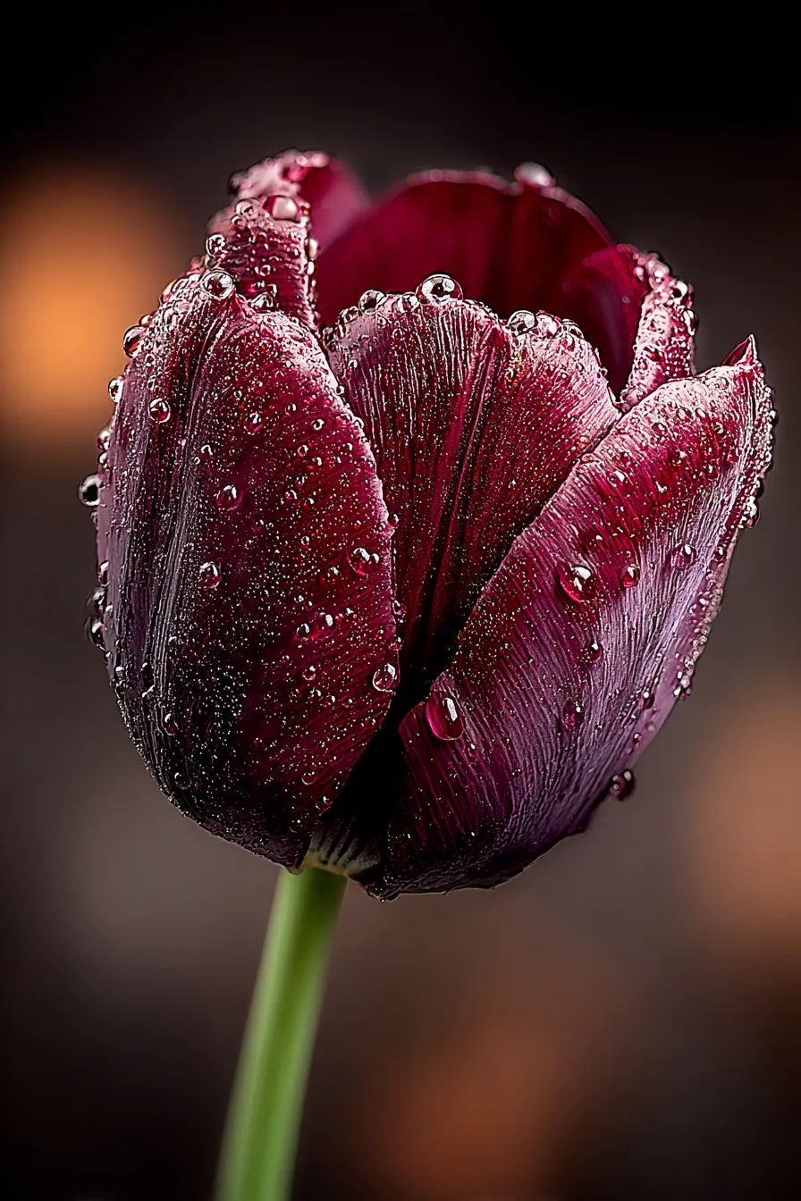 Fotografía de un tulipán púrpura cubierto de gotas de lluvia