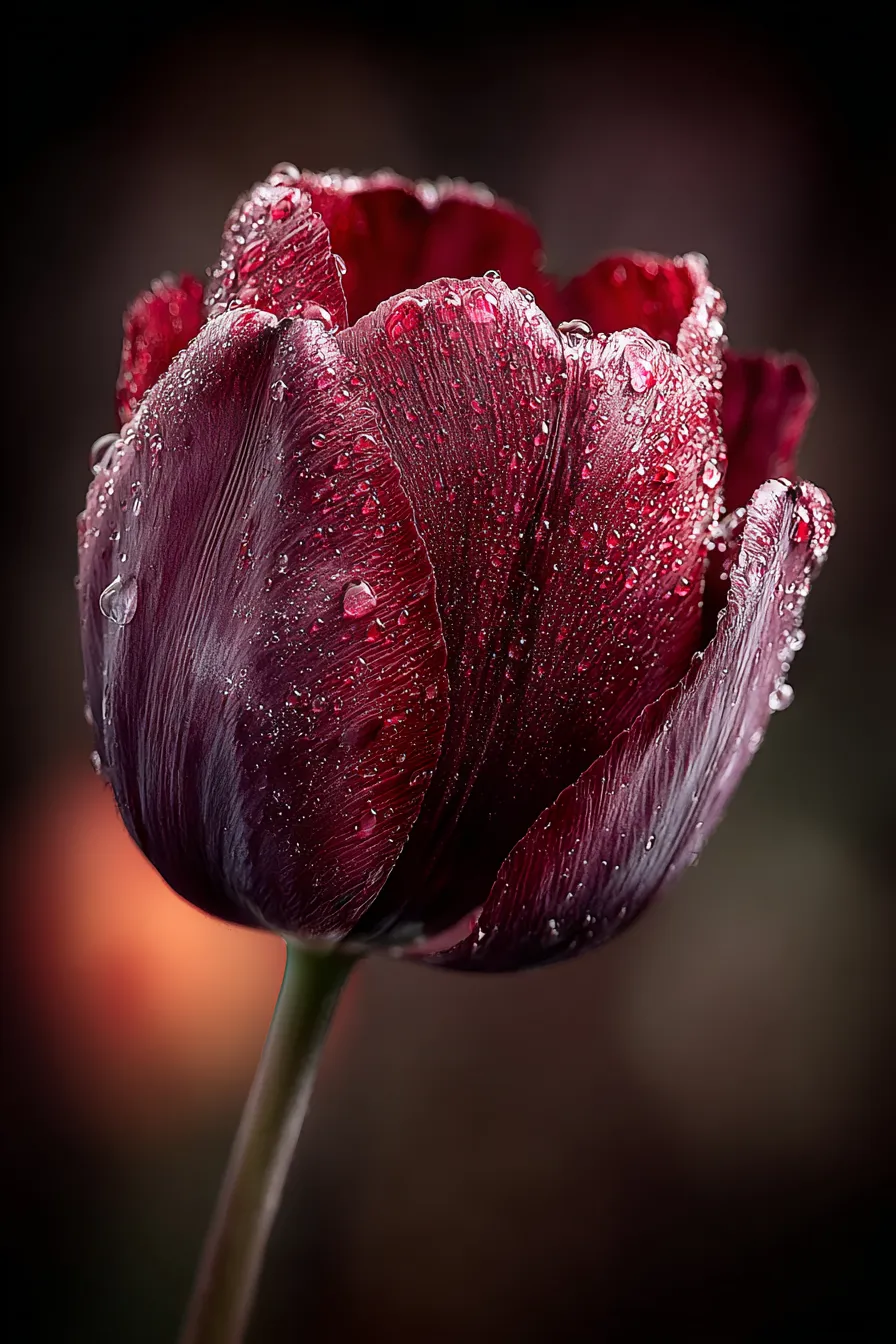 Close-up photograph of a tulip with water droplets on a dark background