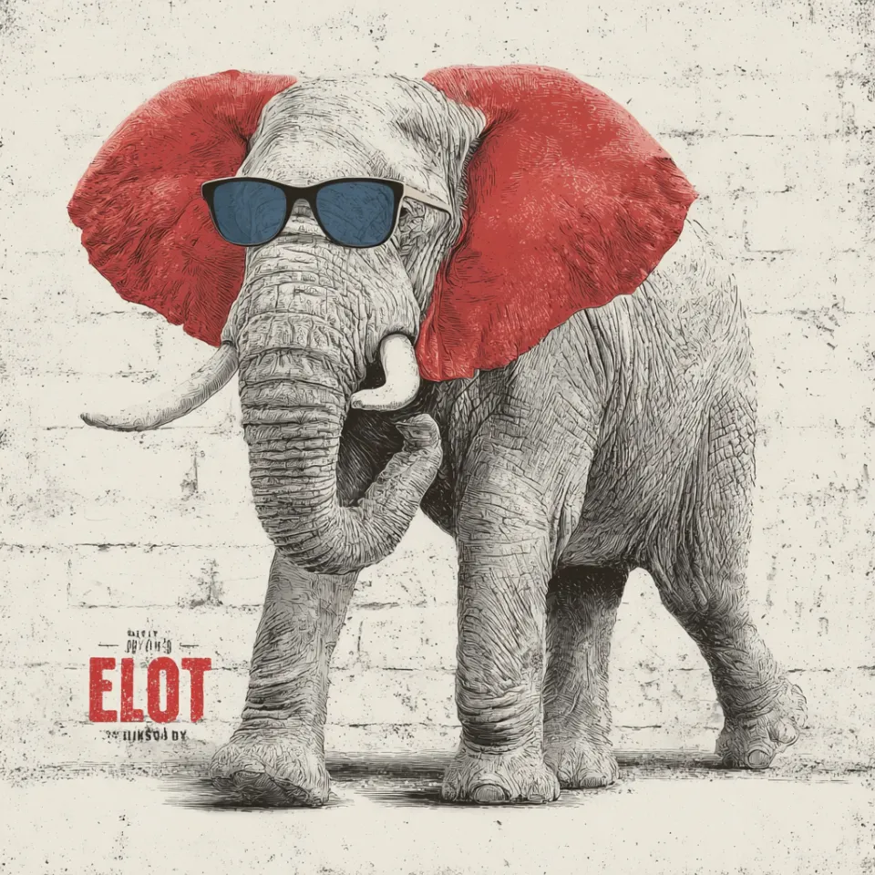 Illustration of an elephant wearing thick sunglasses with bright red ears