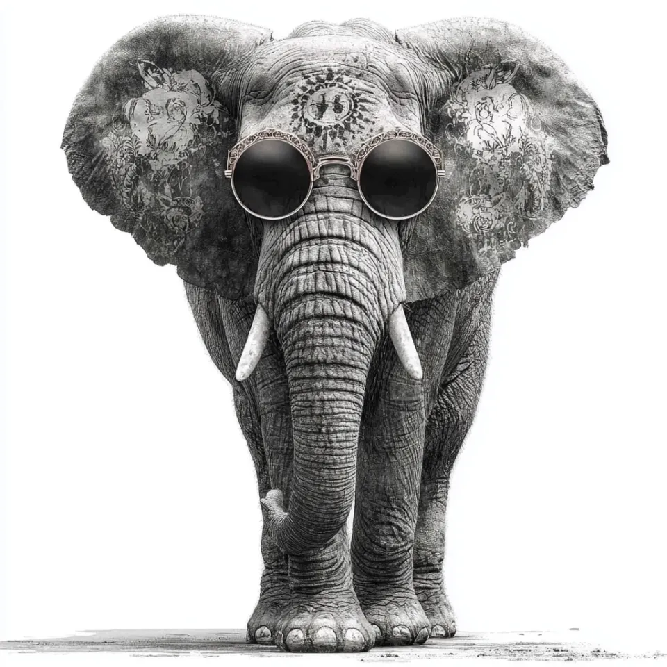 Photograph of an elephant in stylish glasses with decorative elements on its skin